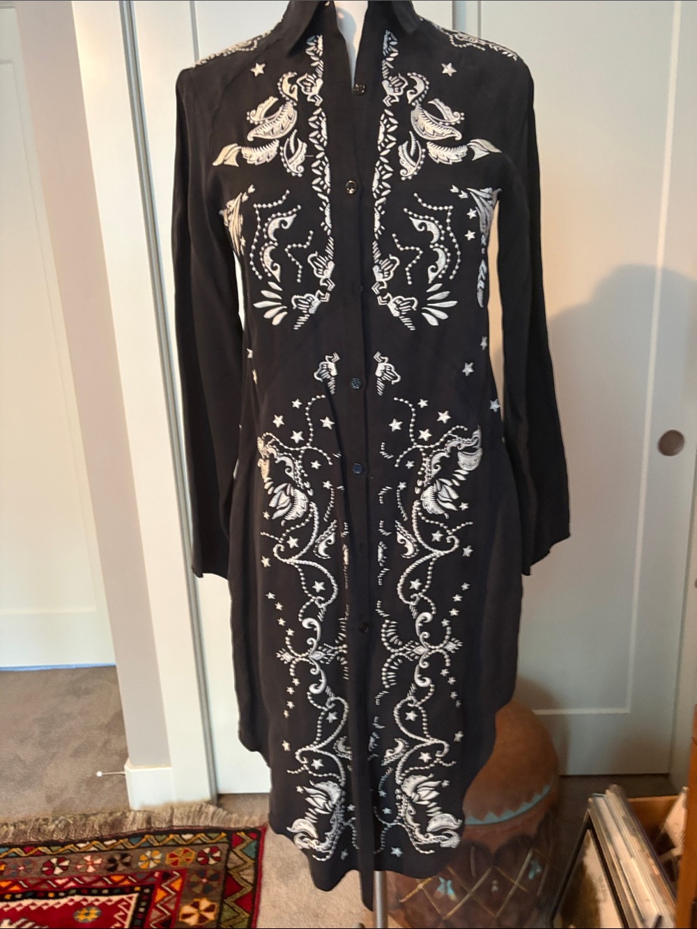 Odd Molly Black Long-Sleeve Embroidered Shirt Dress w/ White Motifs & open back.